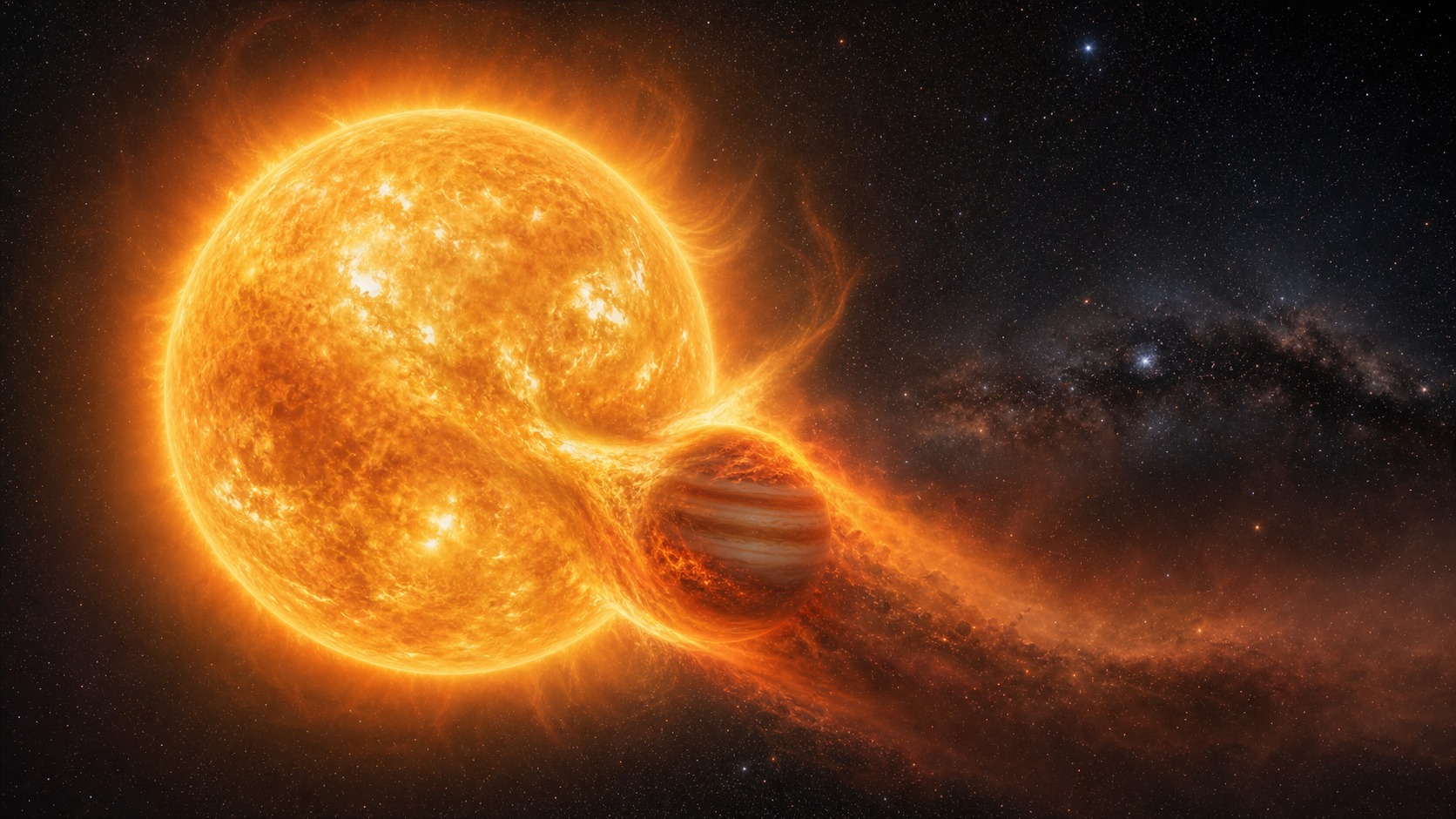 Scientific illustration of a Sun-like star engulfing a gas giant planet