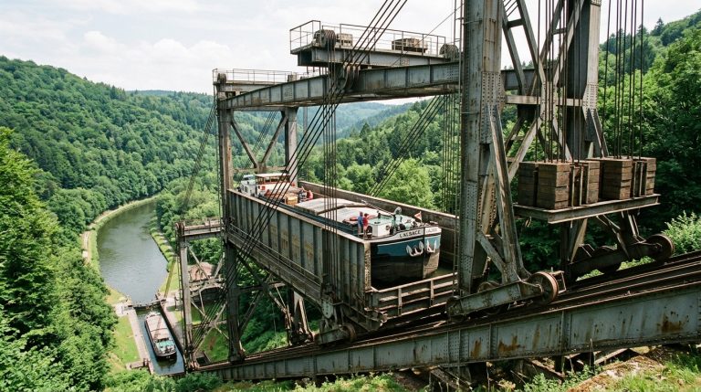 Up to 1 p.m. for 4 km of canal: since 1969, a steel basin filled with 730 m³ of water has carried barges over the same hill in 4 minutes